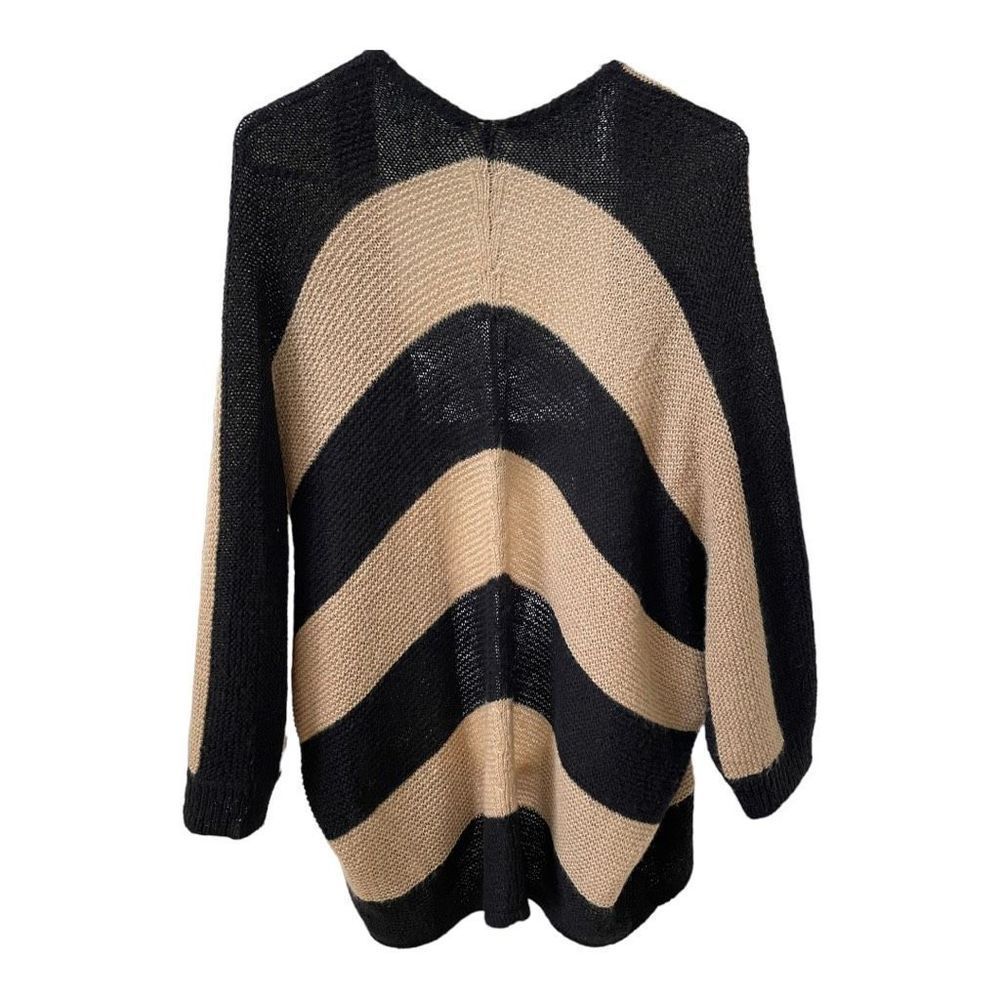 Chico’s Women’s Open Front Cardigan Sweater Tan Gold Black Striped Medium (8) - Picture 2 of 8
